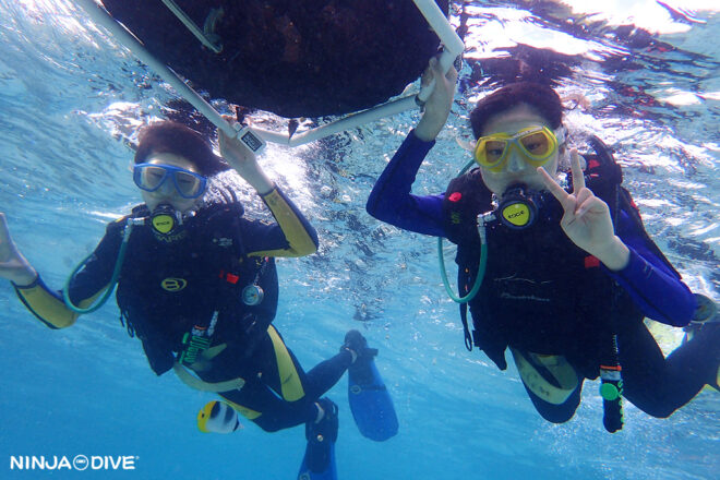 NINJA DIVE 忍者ダイブ 貸し切り プライベート ビーチダイビング グアム 体験ダイビング ビギナー 初心者 ダイビングショップ 水中展望台 お魚いっぱい ピティボムホール 1ビーチ1ボート 家族旅行 子連れ カメ 子供 キッズ